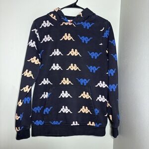 Kappa Hoodie Mens Small Black All Over Print Omini Logo Pullover Kangaroo Pocket